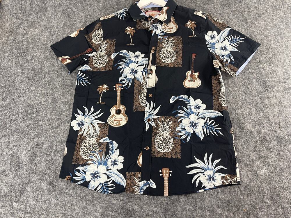 Joe Browns Shirt Mens Large Button Up Guitar Floral Black Short Sleeve N42